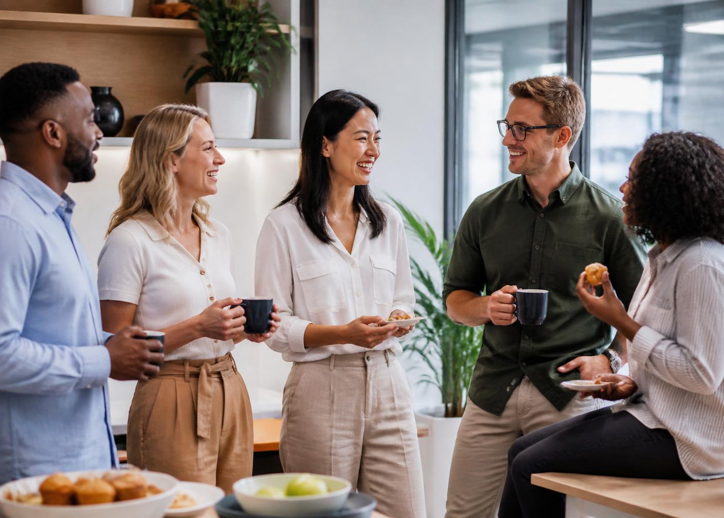 Diverse team of coworkers laughing over coffee in a modern break room